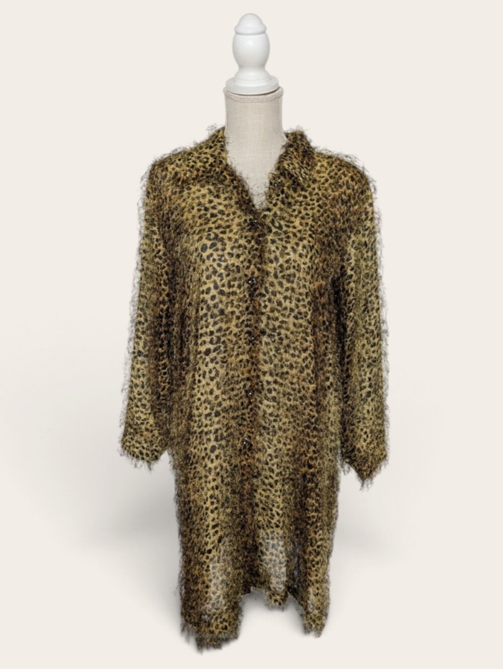Vtg Leopard Shag Fuzzy Trench Sheer Artsy Jacket XL Boho Indie Sleaze Festival